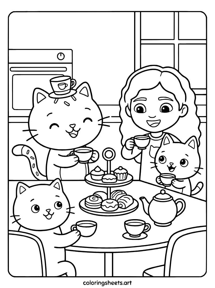 Tea party with Cakey Cat coloring page for kids