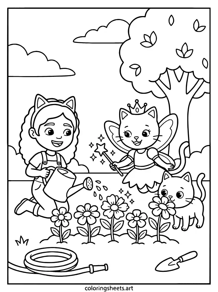 Watering the garden with Gabby coloring page for kids