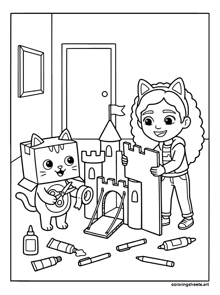 Baby Box building a cardboard castle coloring sheet PDF