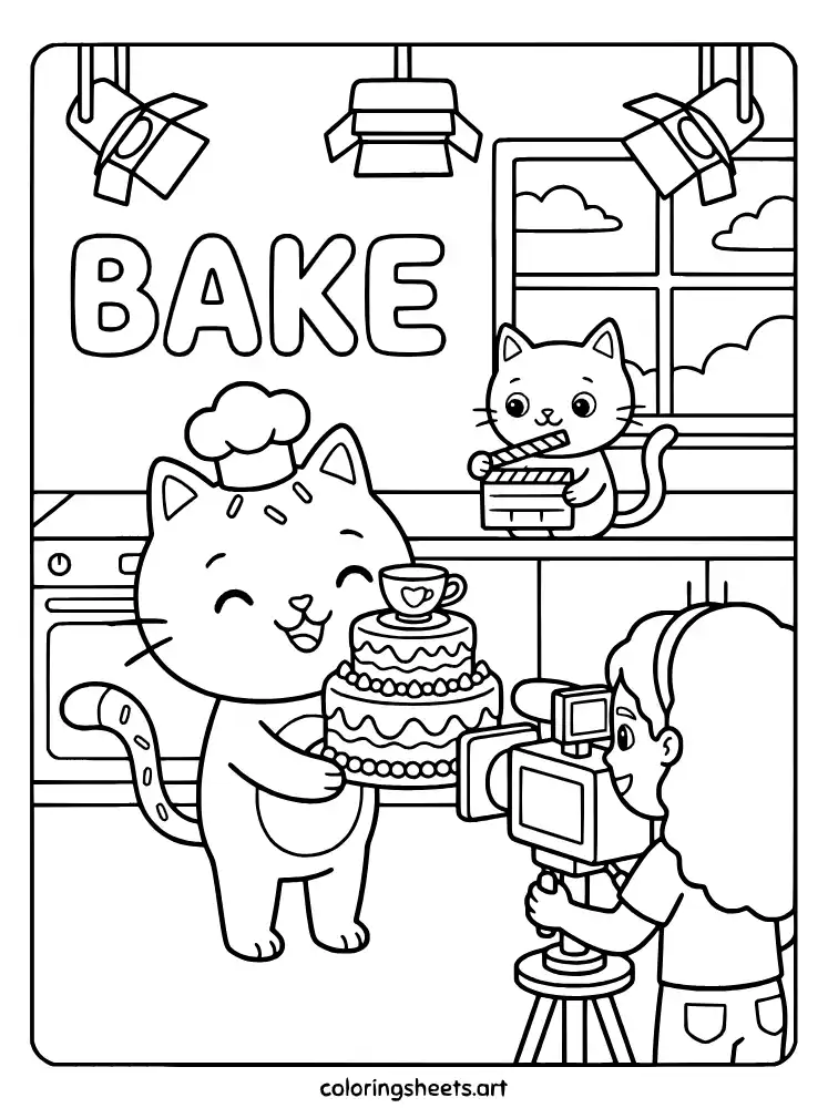 Baking show with Cakey Cat coloring sheet for kids free