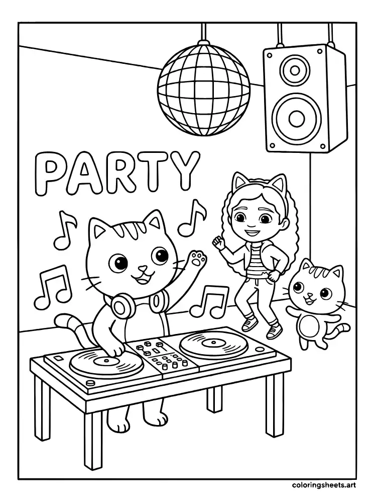 DJ Catnip music room party coloring sheet printable PDF