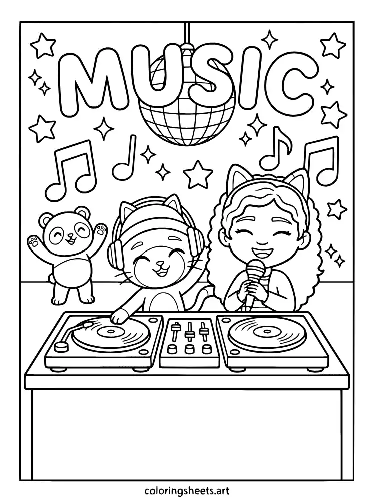 Gabby singing with DJ Catnip coloring sheet for kids