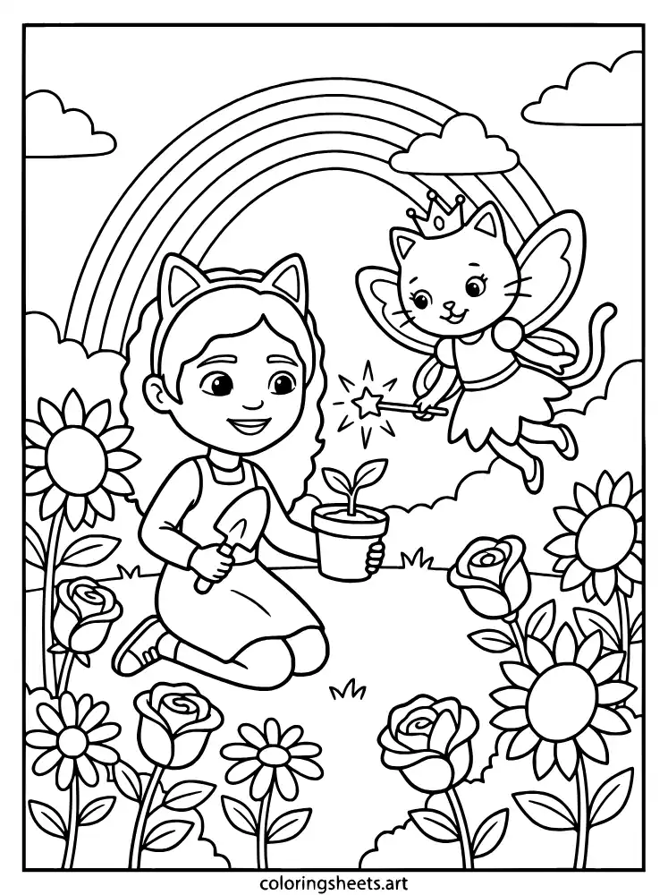 Growing flowers with Gabby coloring sheet for kids