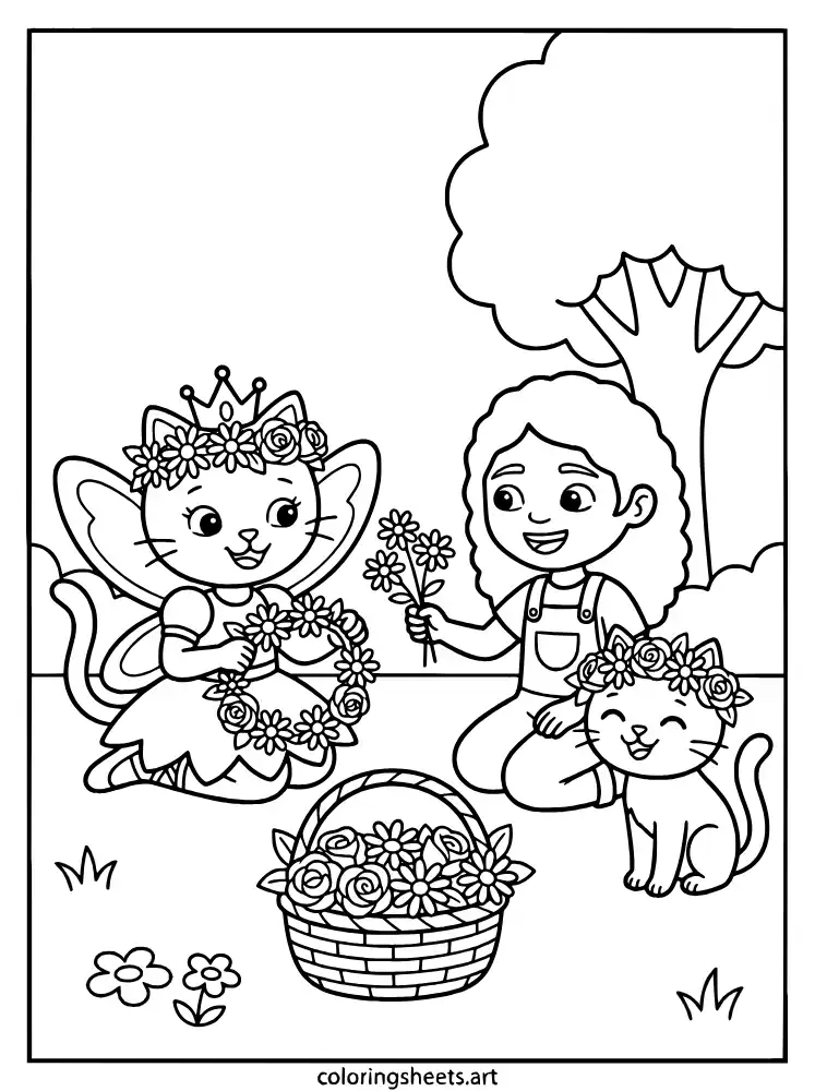 Kitty Fairy flower crown coloring sheet for kids free