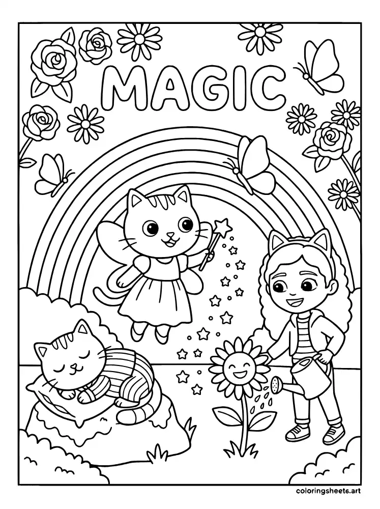 Kitty Fairy garden room coloring sheet for kids