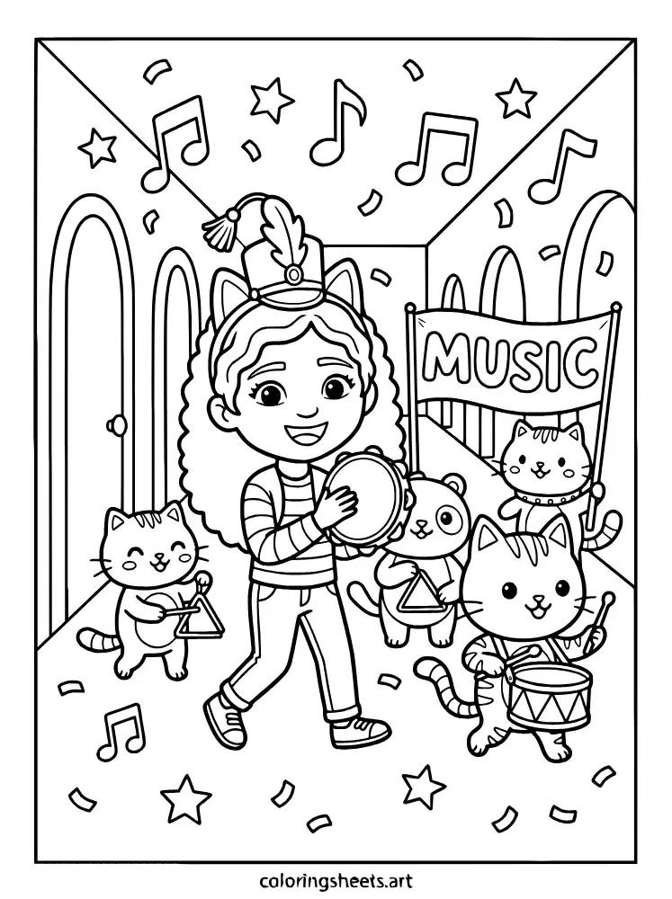 Musical parade in the dollhouse coloring sheet for kids free