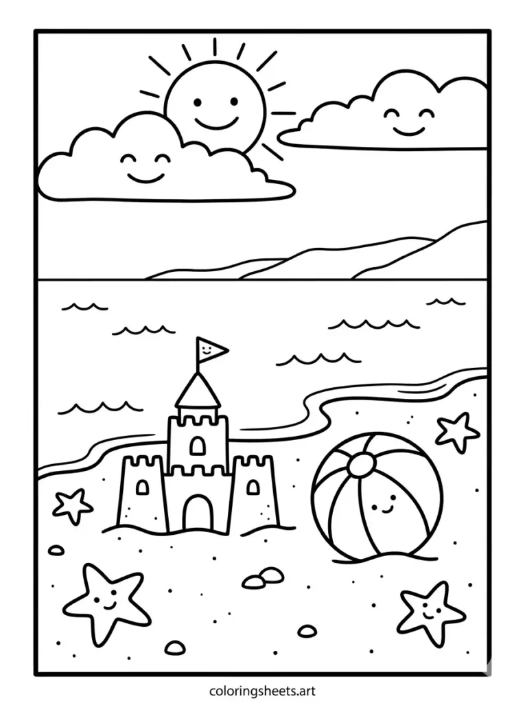 Gentle summer beach waves and a sandcastle coloring page for toddlers simple printable