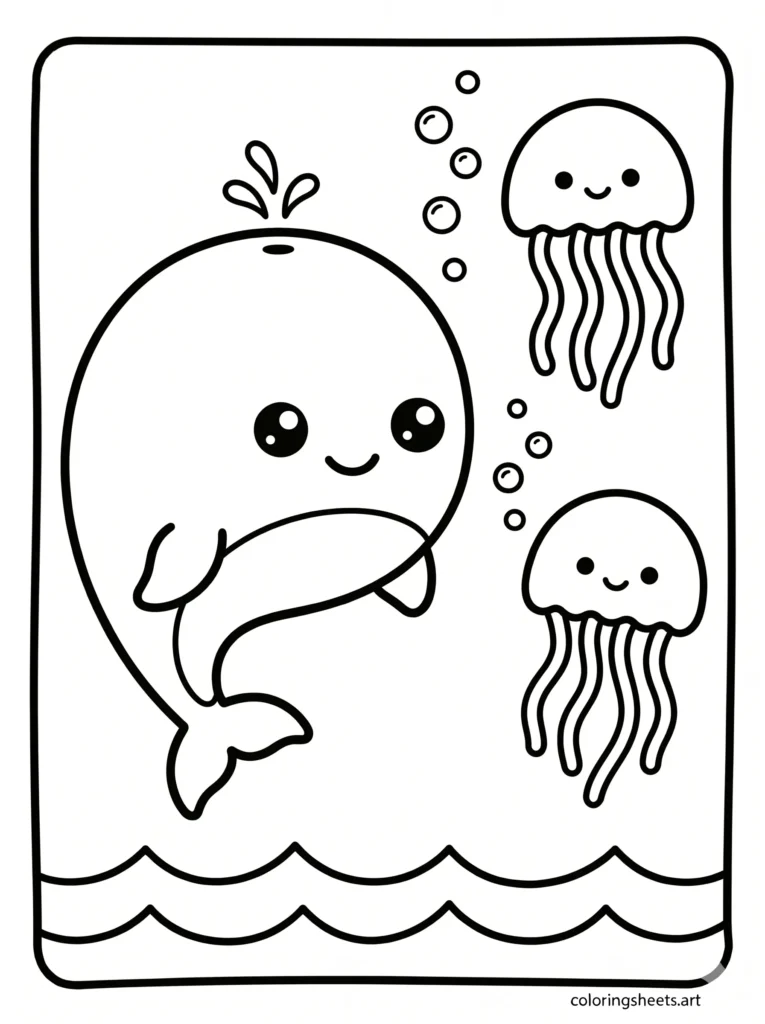 Free printable ocean coloring pages for kids with a cute whale and jellyfish swimming together