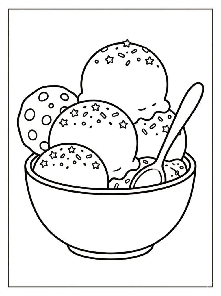 Giant ice cream bowl with toppings coloring page for kids
