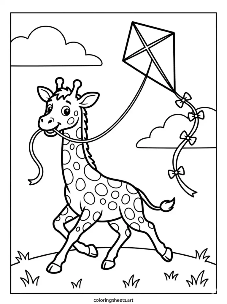 Happy giraffe flying a kite giraffe coloring page free printable for children