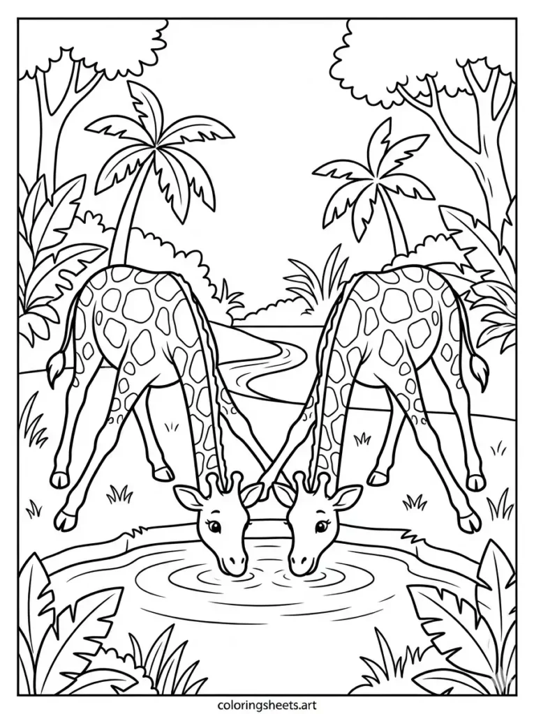 Safari giraffe family with three members simple giraffe coloring page for kids
