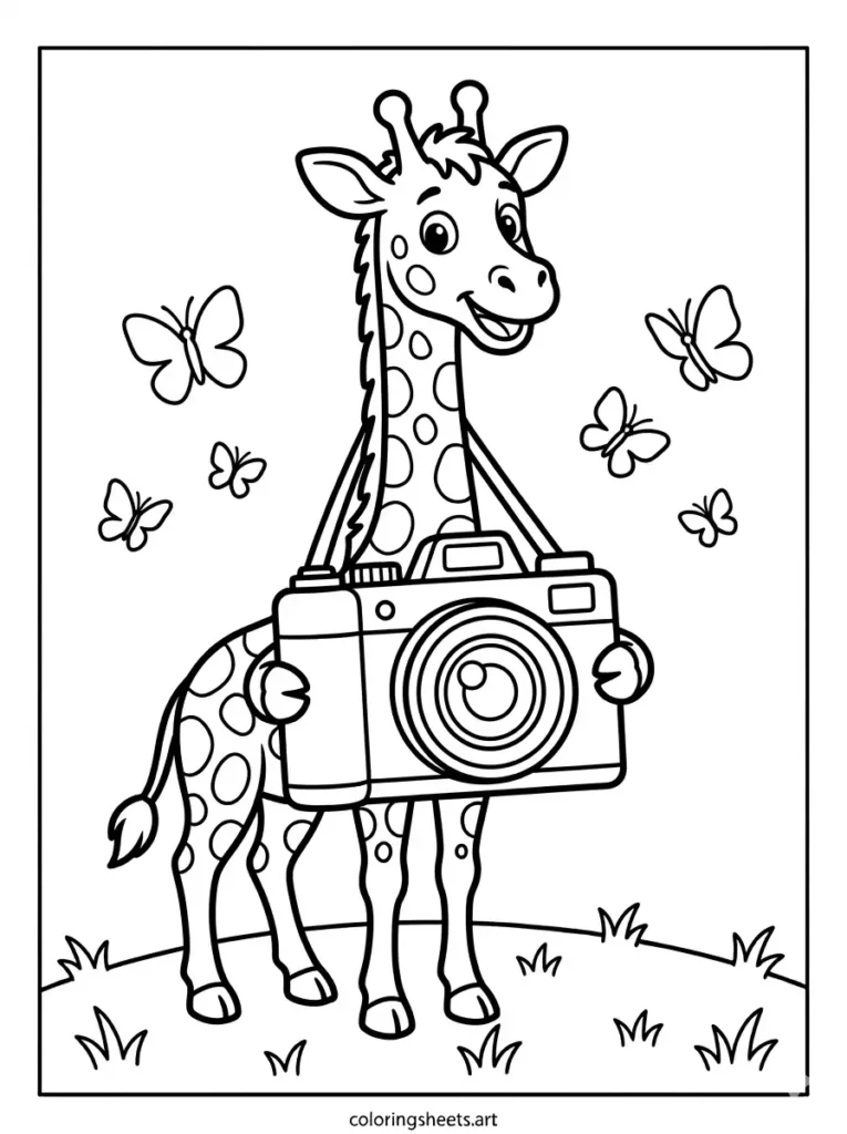 Cute giraffe holding a camera giraffe coloring page free printable for kids