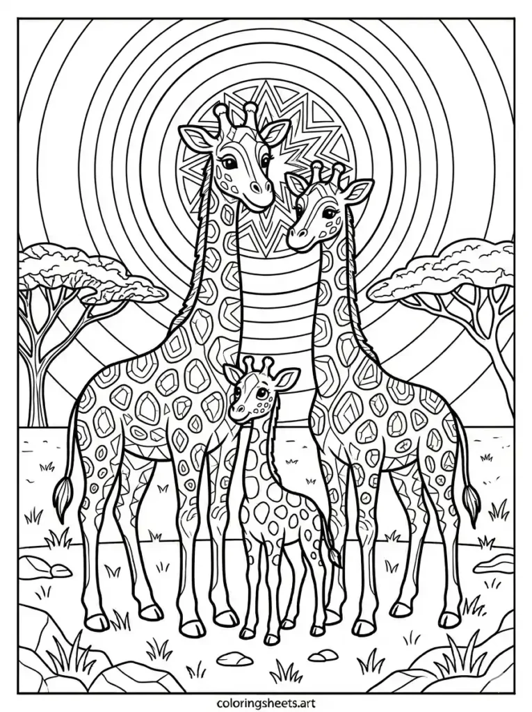 Giraffe savannah sunset advanced printable pdf coloring page for adults