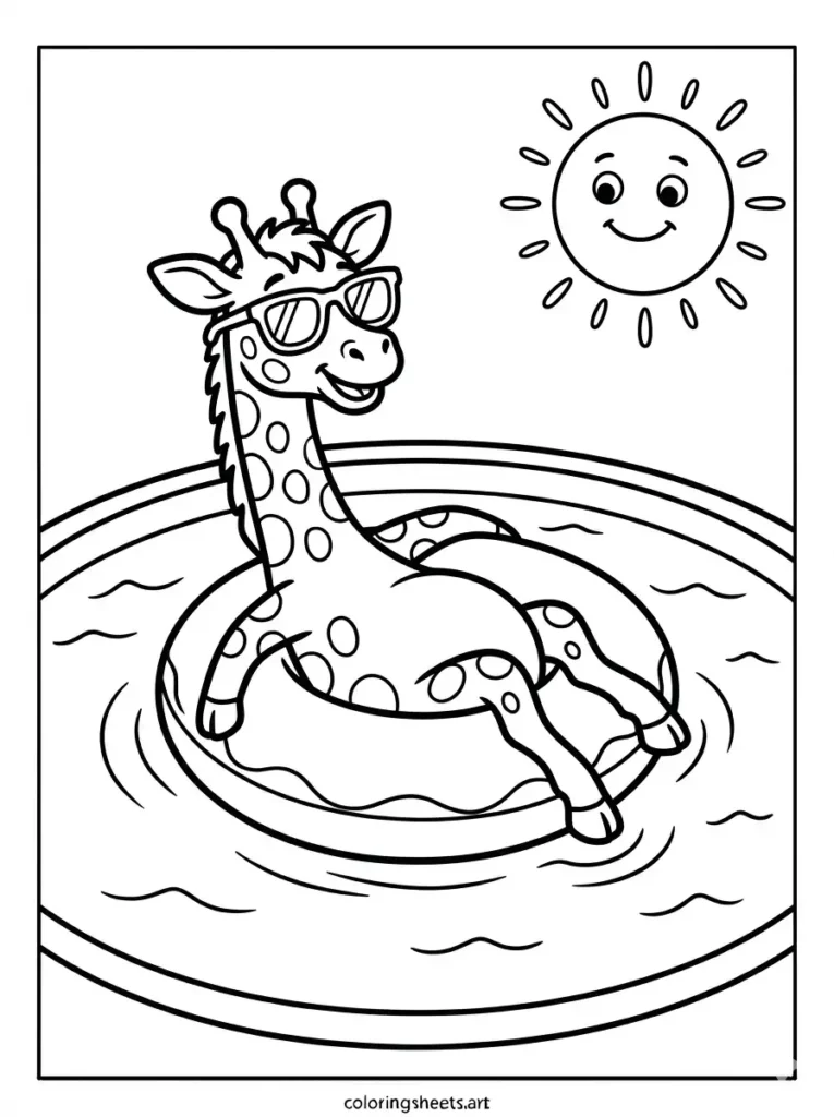 Simple giraffe coloring page printable pdf playing in autumn leaves pile