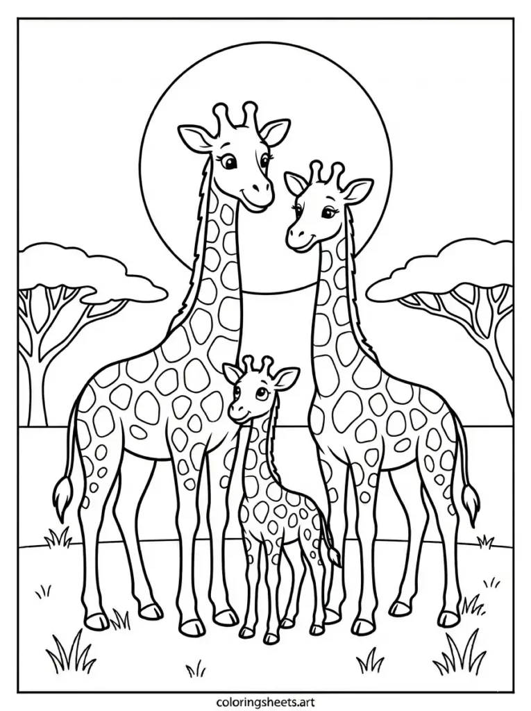 Baby giraffe sheltering under parent legs safari giraffe coloring sheets for kids