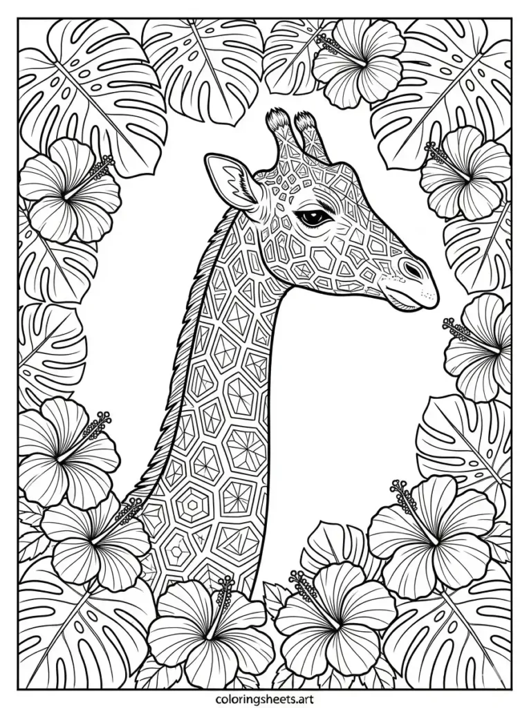 Majestic giraffe for adults detailed coloring sheets with botanical frame