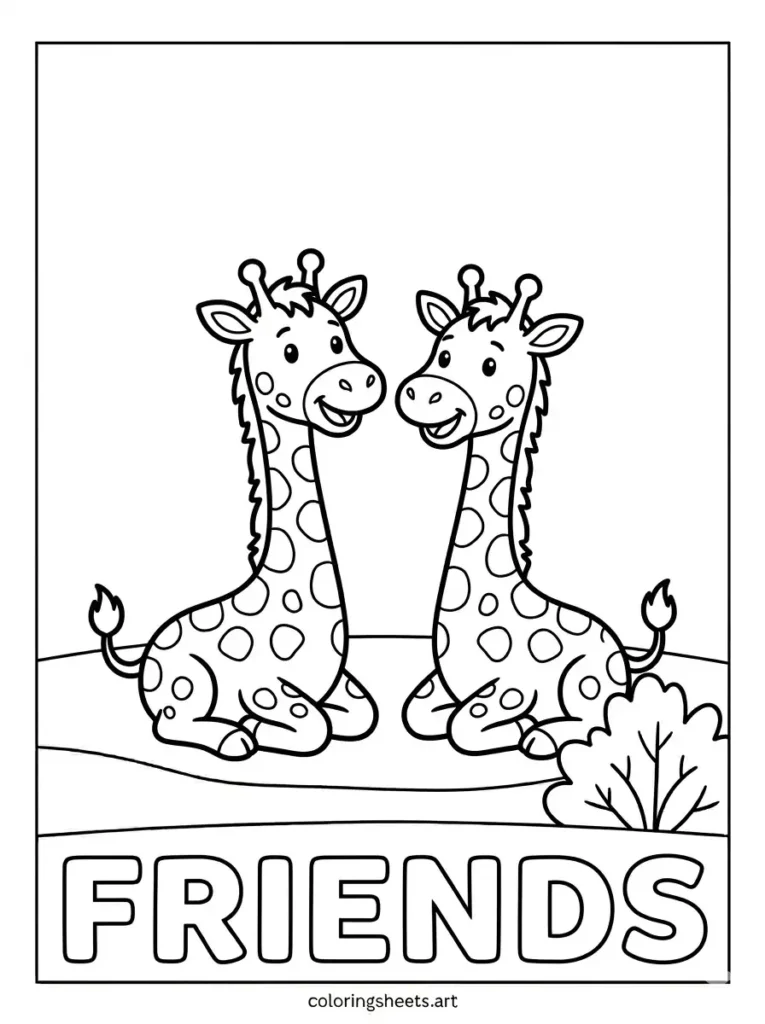 Two twin giraffes with friends outline text learning giraffe coloring sheets