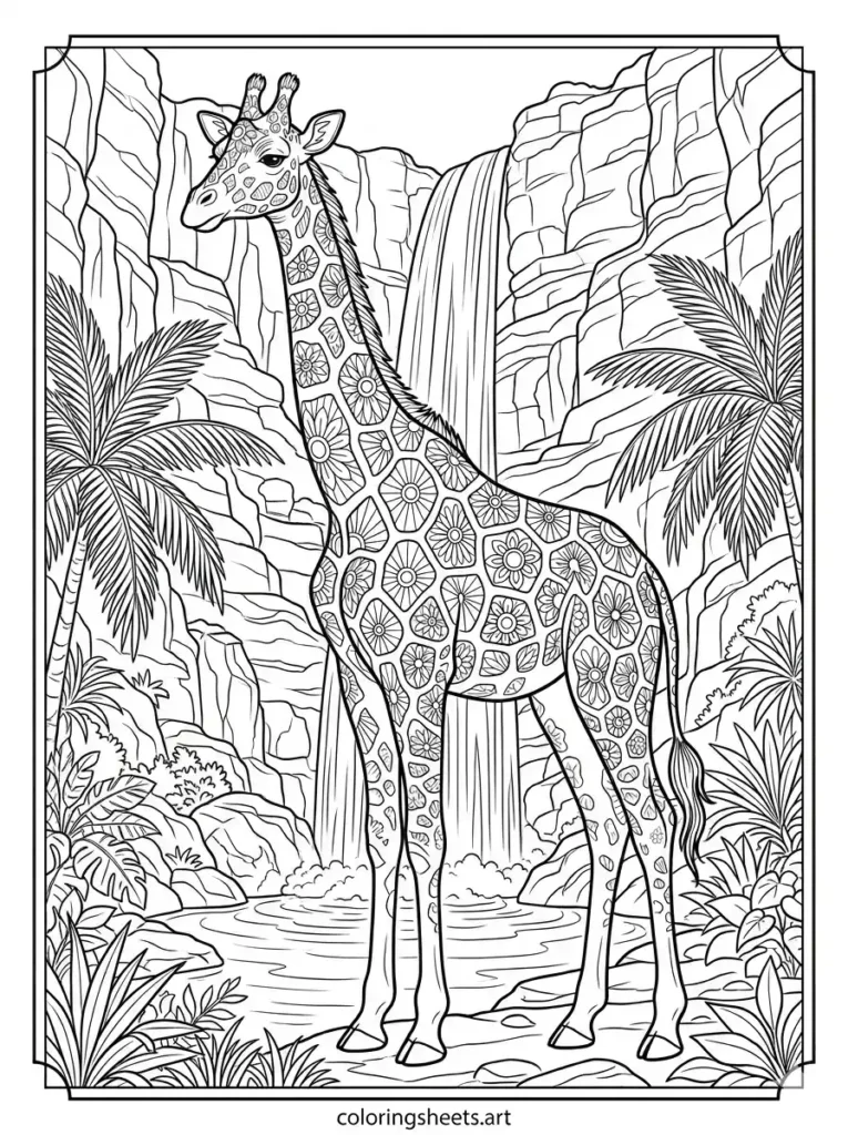 Giraffe by a jungle waterfall safari giraffe coloring sheets for adults