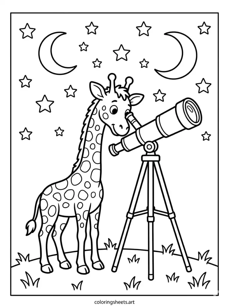 Giraffe looking through a telescope star gazing giraffe coloring sheets for kids