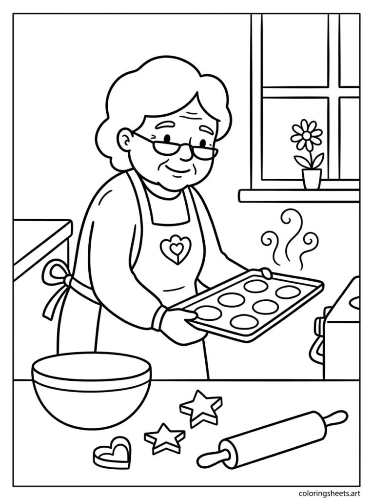 Grandma baking fresh cookies for the grandkids coloring page for Mother's Day