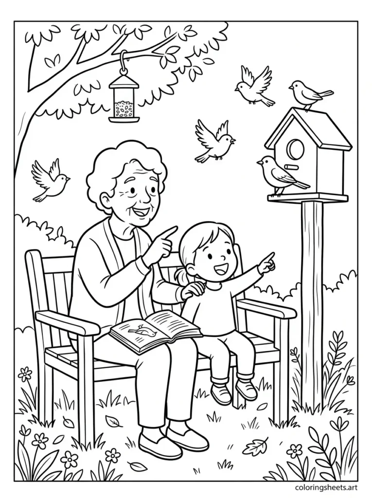 Grandma and grandchild birdwatching together in the backyard coloring page for Mother's Day