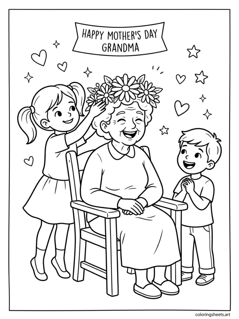 Grandkids crowning grandma with a flower crown on Mother's Day coloring page
