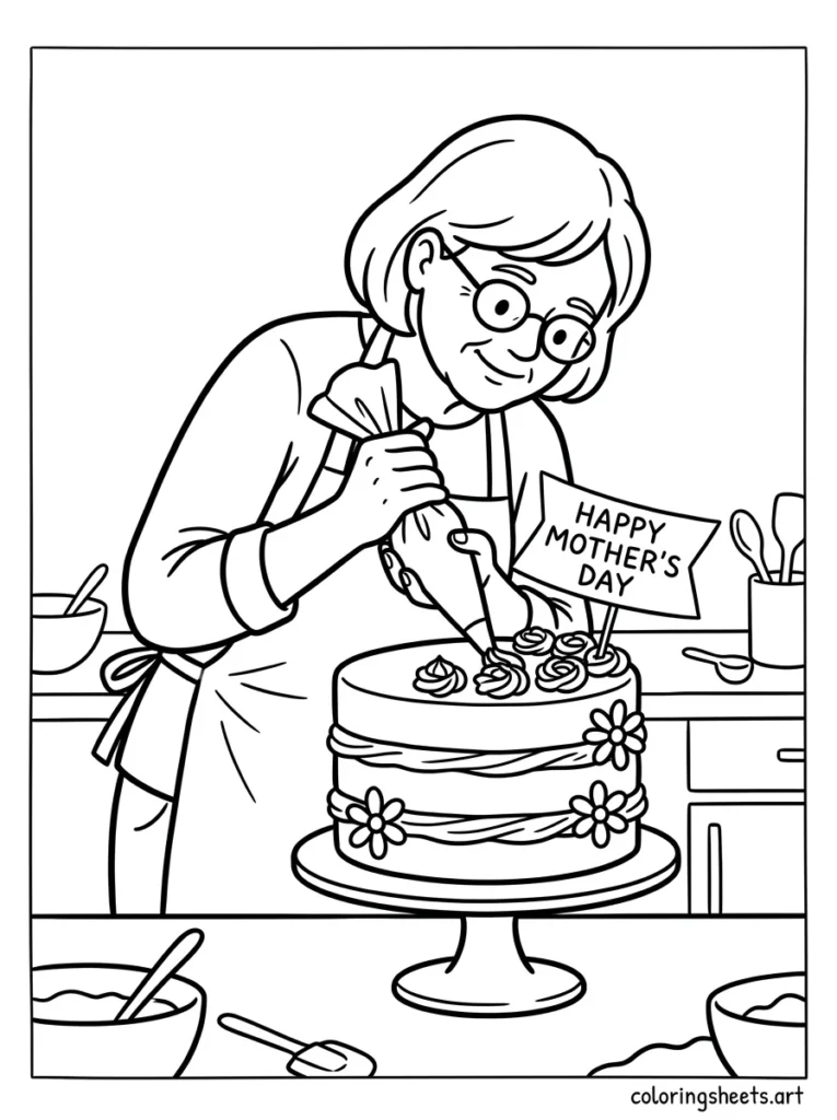 Grandma decorating a beautiful Mother's Day cake with frosting coloring page