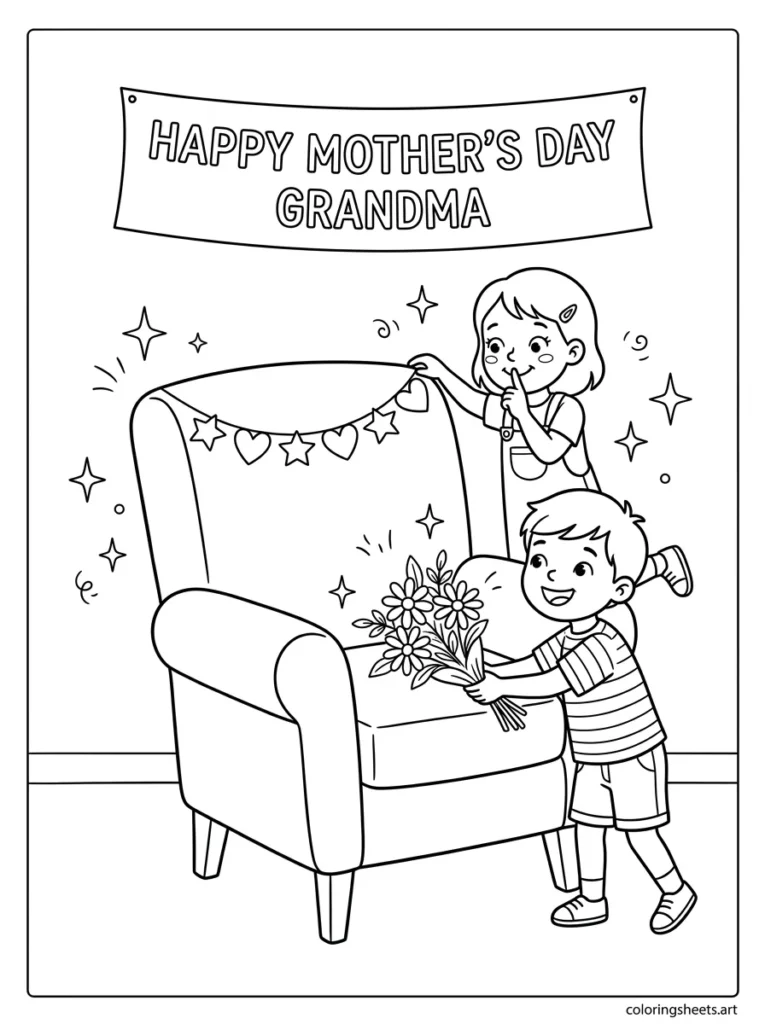 Grandkids decorating grandma's chair with flowers as a Mother's Day surprise coloring page