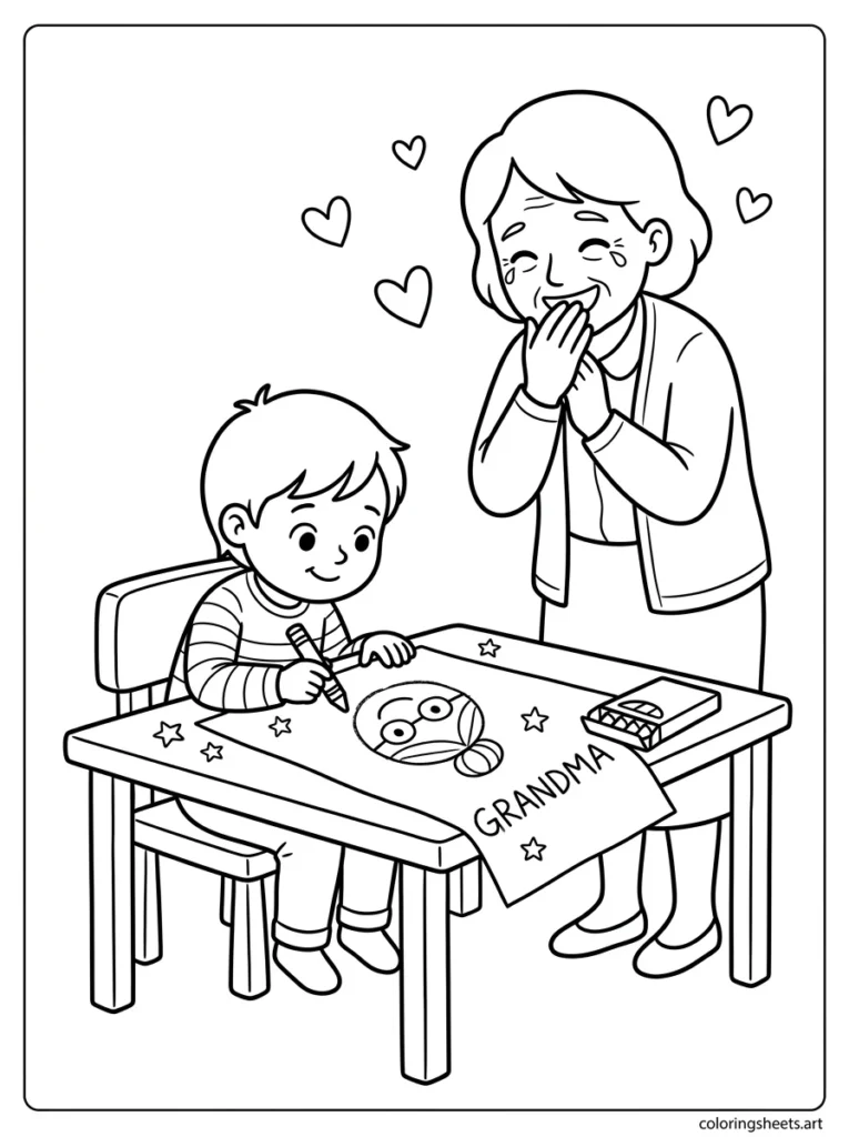 Grandchild drawing a loving portrait of grandma as a Mother's Day gift coloring page