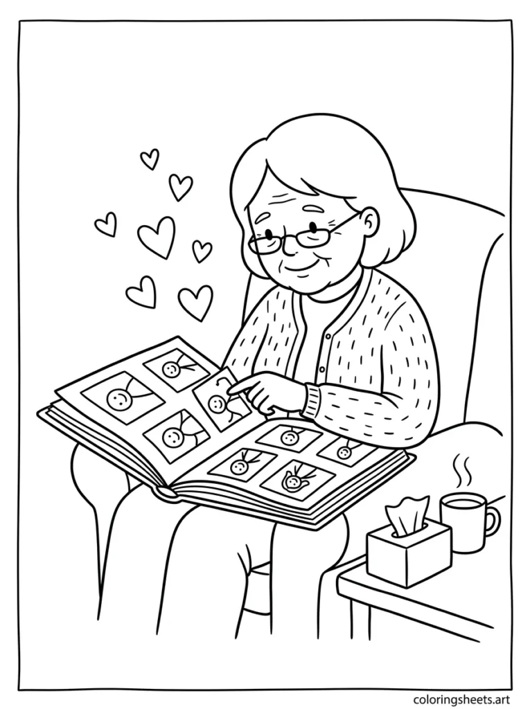 Grandma looking through the family photo album coloring page for Mother's Day