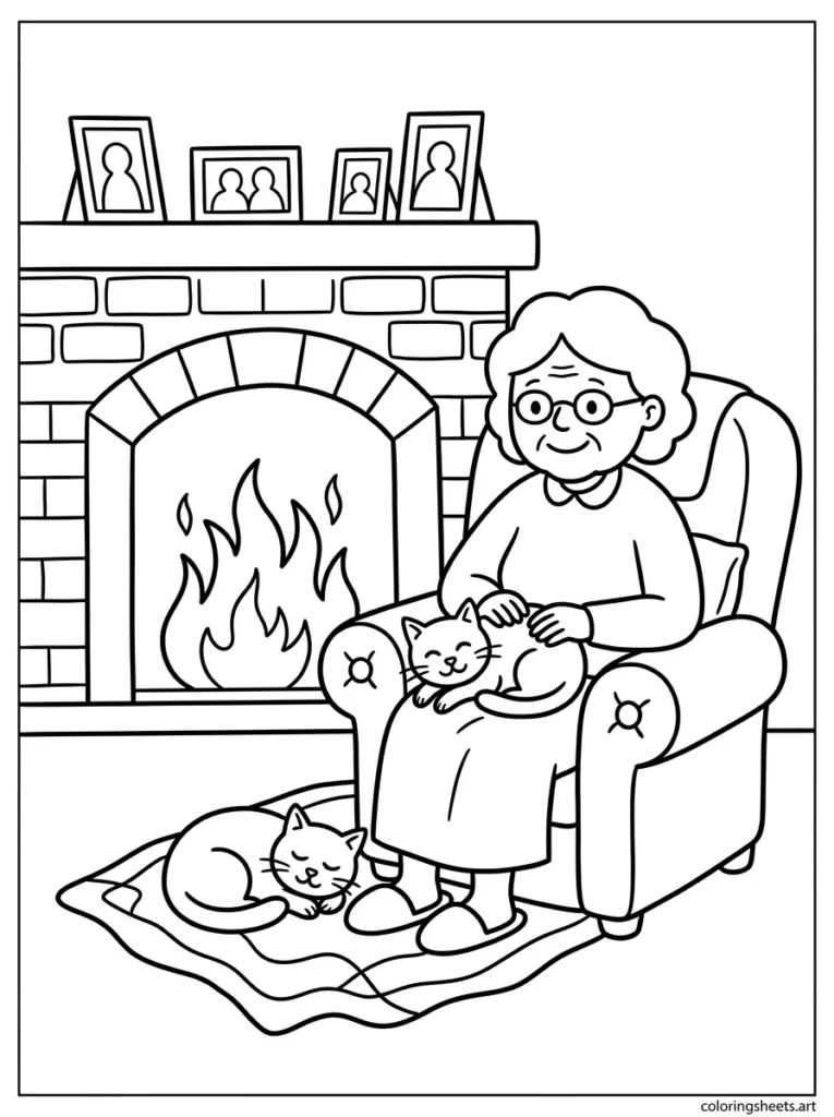 Grandma cozy by the fireplace with her cats coloring page for Mother's Day