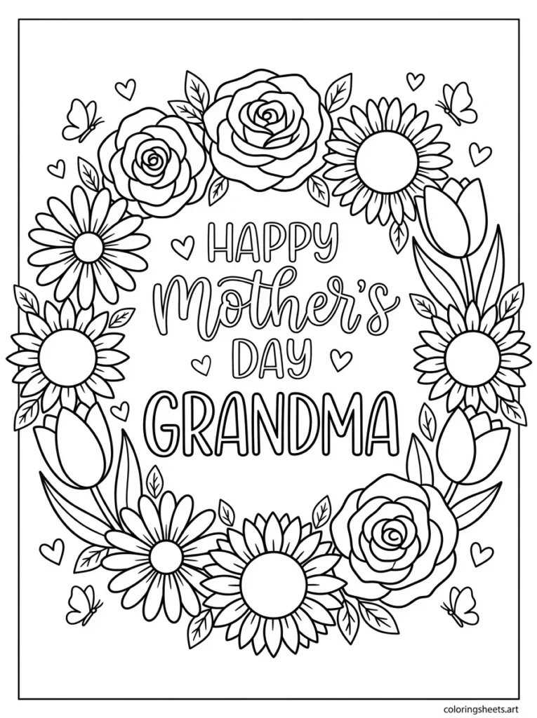 Happy Mother's Day Grandma floral wreath coloring page printable
