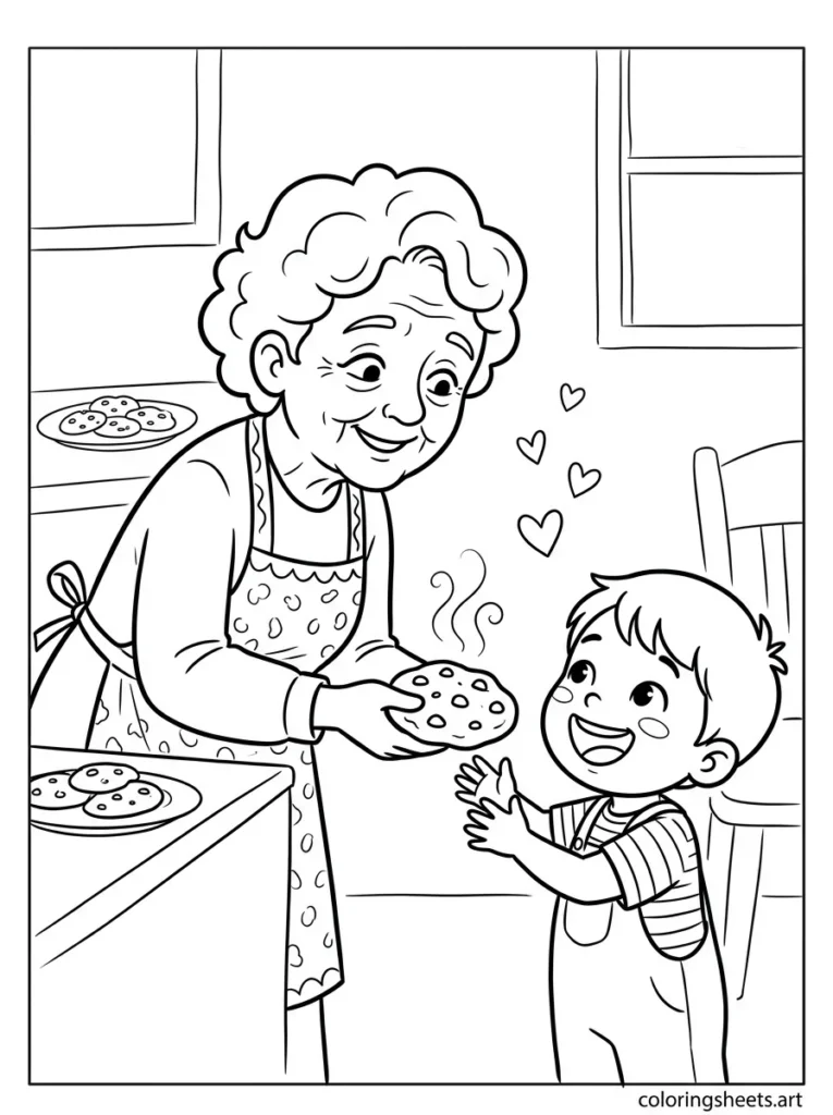 Grandma handing a grandchild a fresh baked cookie coloring page for Mother's Day