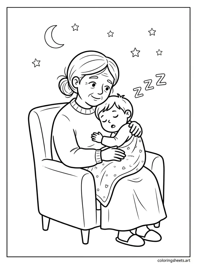 Grandchild falling asleep on grandma's shoulder coloring page for Mother's Day