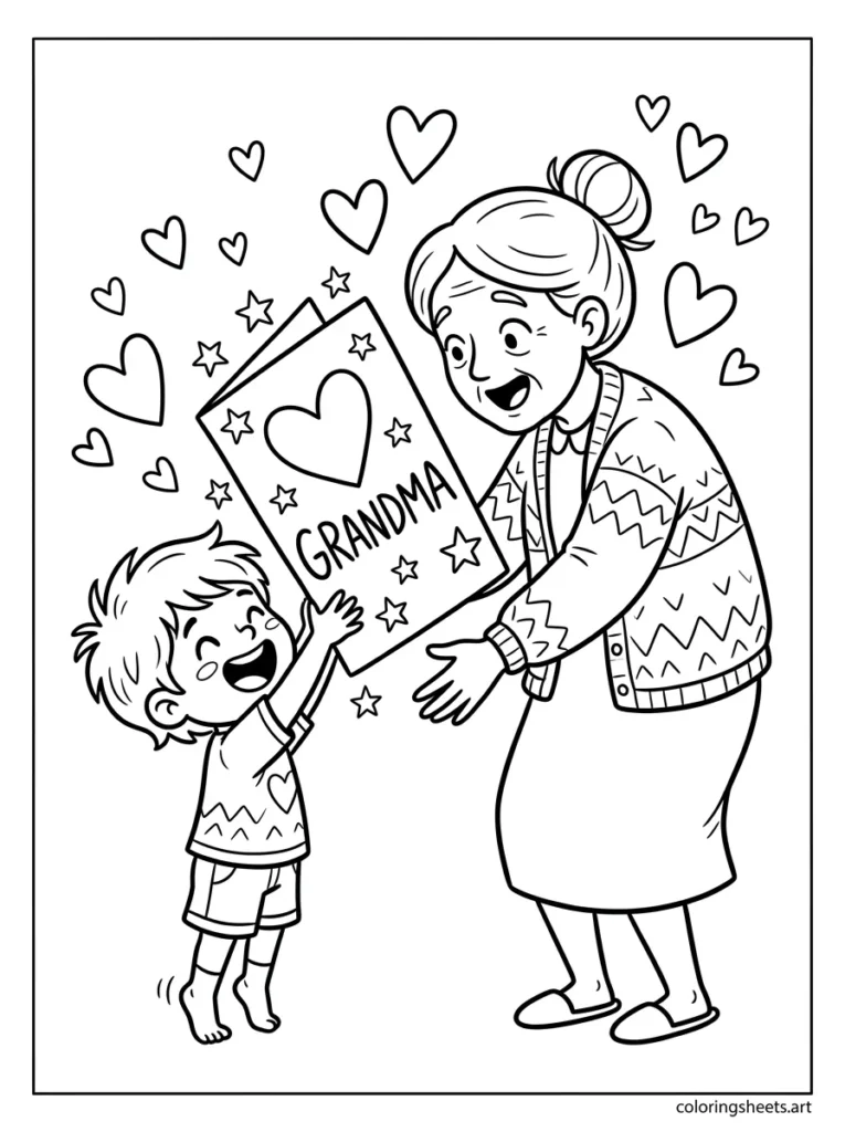 Grandchild handing grandma a homemade Mother's Day card coloring page