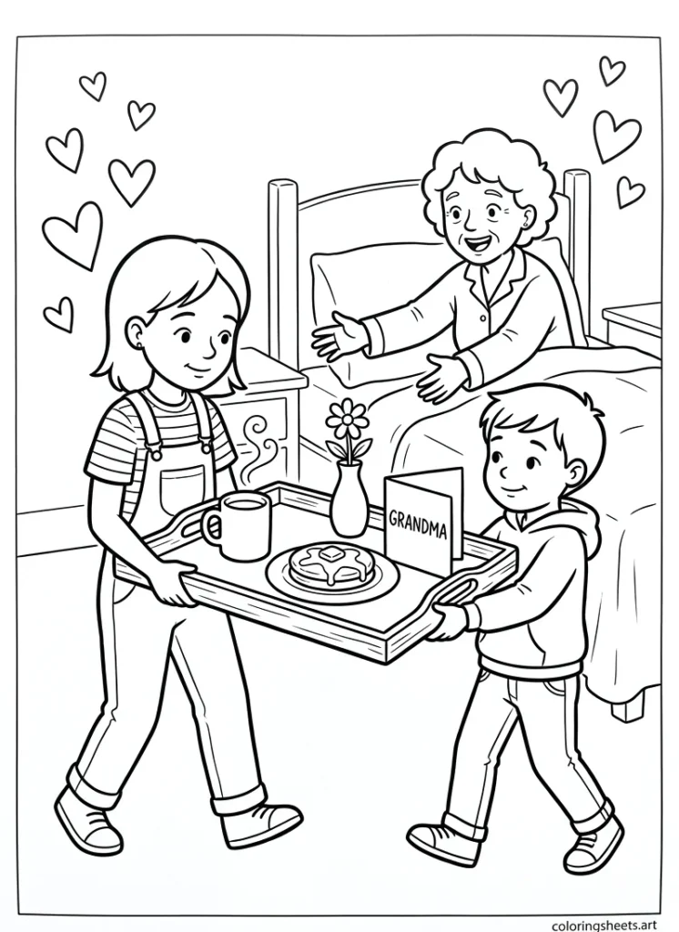 Grandkids bringing grandma breakfast in bed on Mother's Day coloring page
