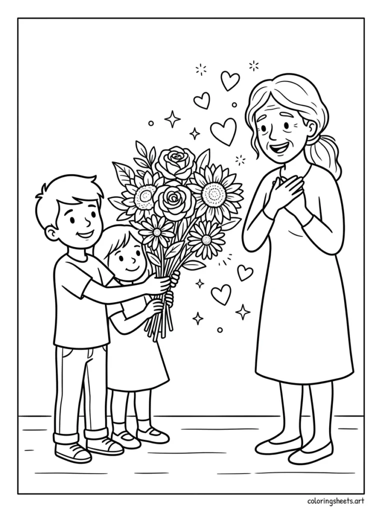 Grandkids surprising grandma with a flower bouquet coloring page for Mother's Day