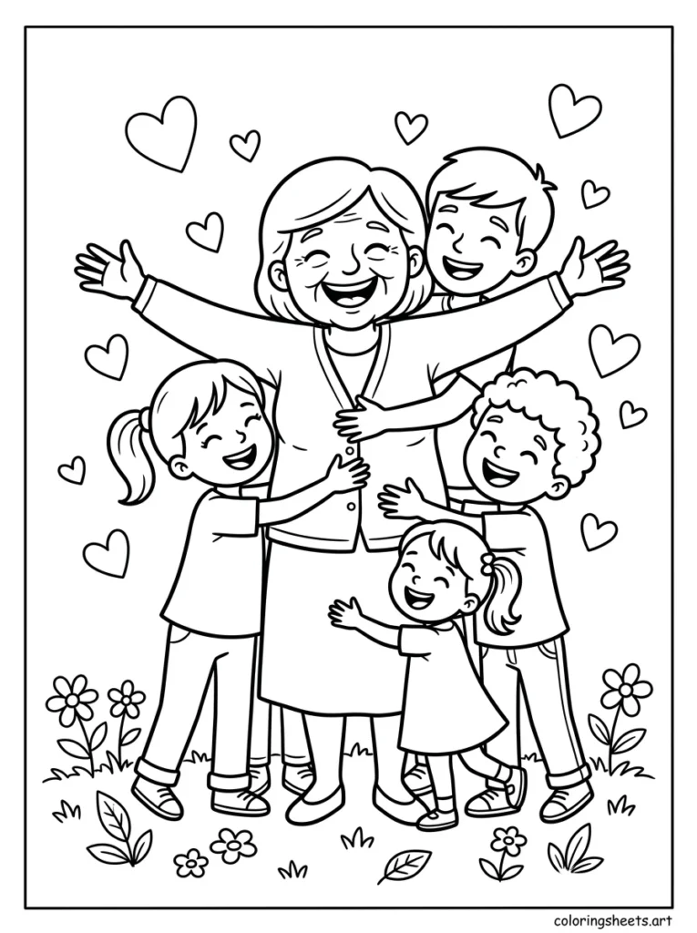 Grandma hugging all her grandkids together coloring page for Mother's Day