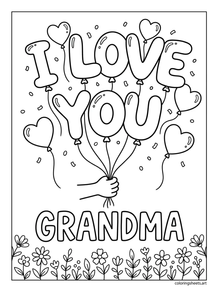 I love you Grandma balloon letters coloring page for Mother's Day printable