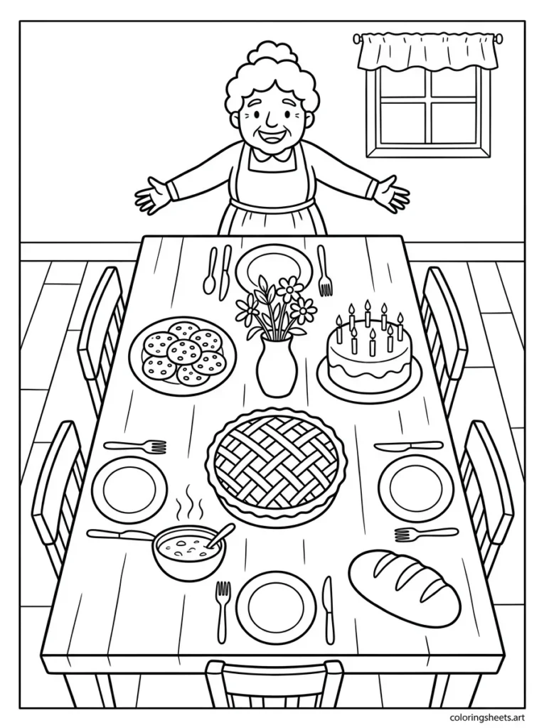 Grandma's kitchen table filled with homemade food coloring page for Mother's Day
