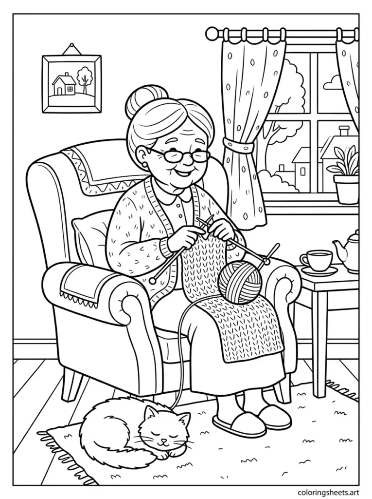 Grandma knitting in her cozy armchair coloring page for Mother's Day