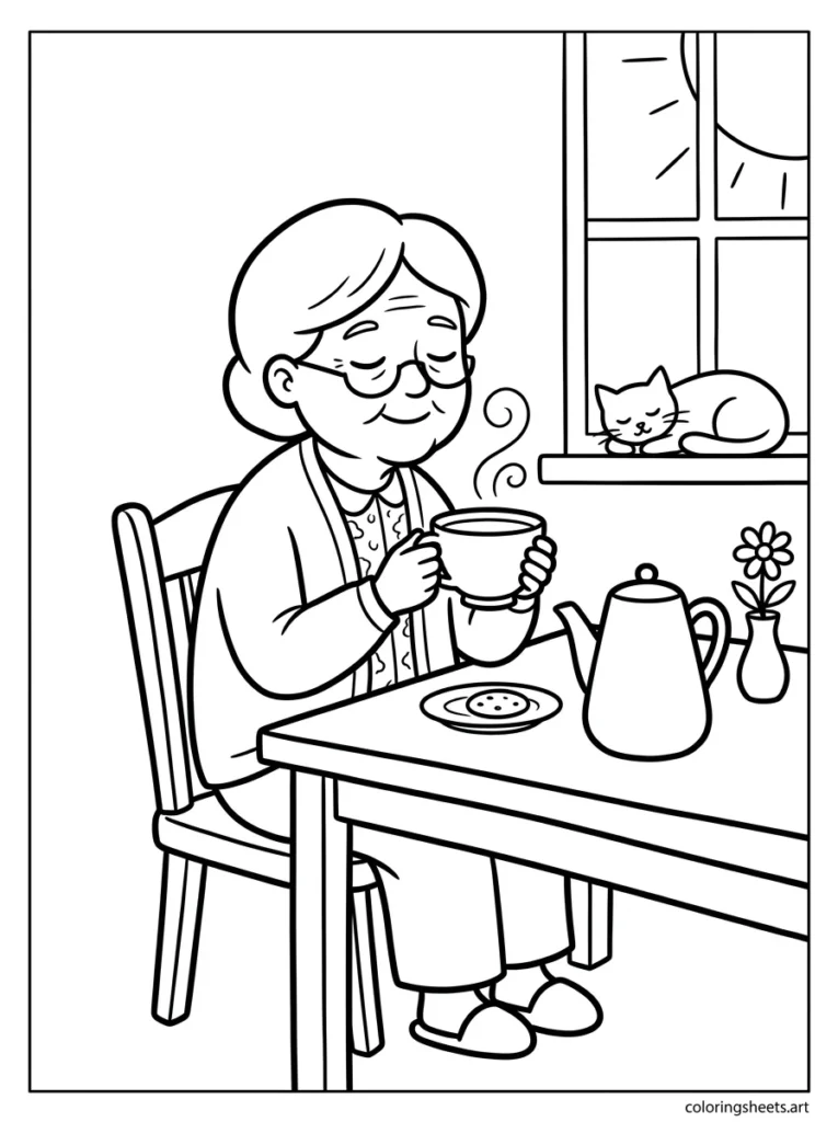 Grandma peacefully enjoying her morning tea coloring page for Mother's Day