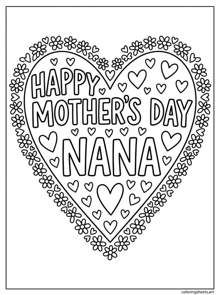 Happy Mother's Day Nana decorative heart frame coloring page printable