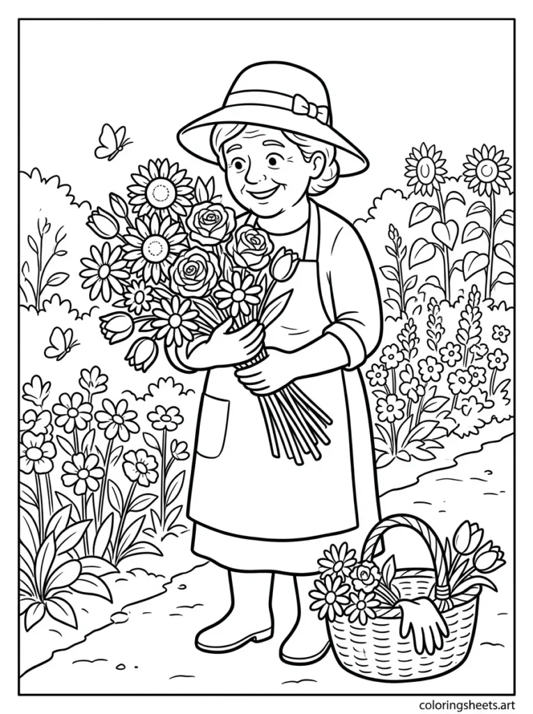 Grandma picking a fresh flower bouquet from her garden coloring page for Mother's Day