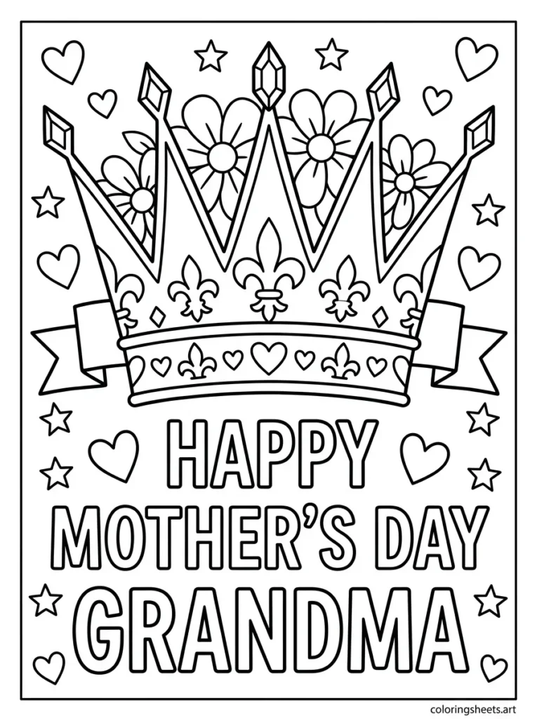Happy Mother's Day Grandma queen crown with flowers coloring page printable