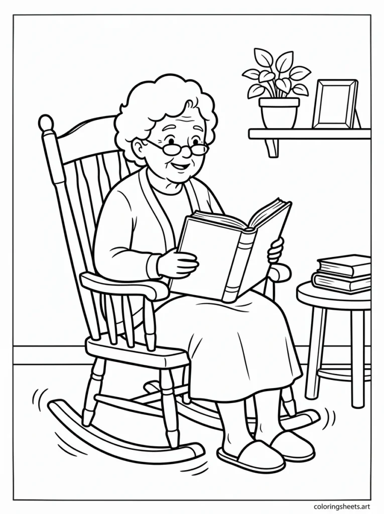 Grandma reading a book in her rocking chair coloring page for Mother's Day