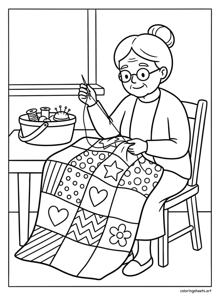 Grandma sewing a patchwork quilt coloring page for Mother's Day