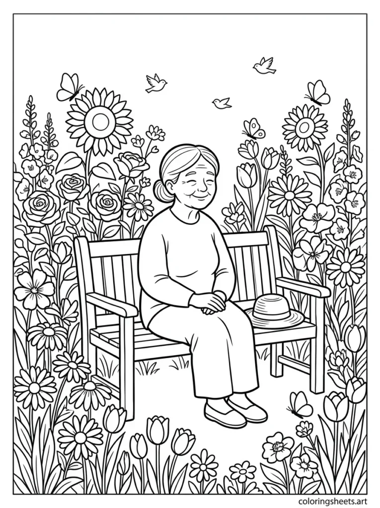 Grandma sitting peacefully among her blooming flower garden coloring page for Mother's Day