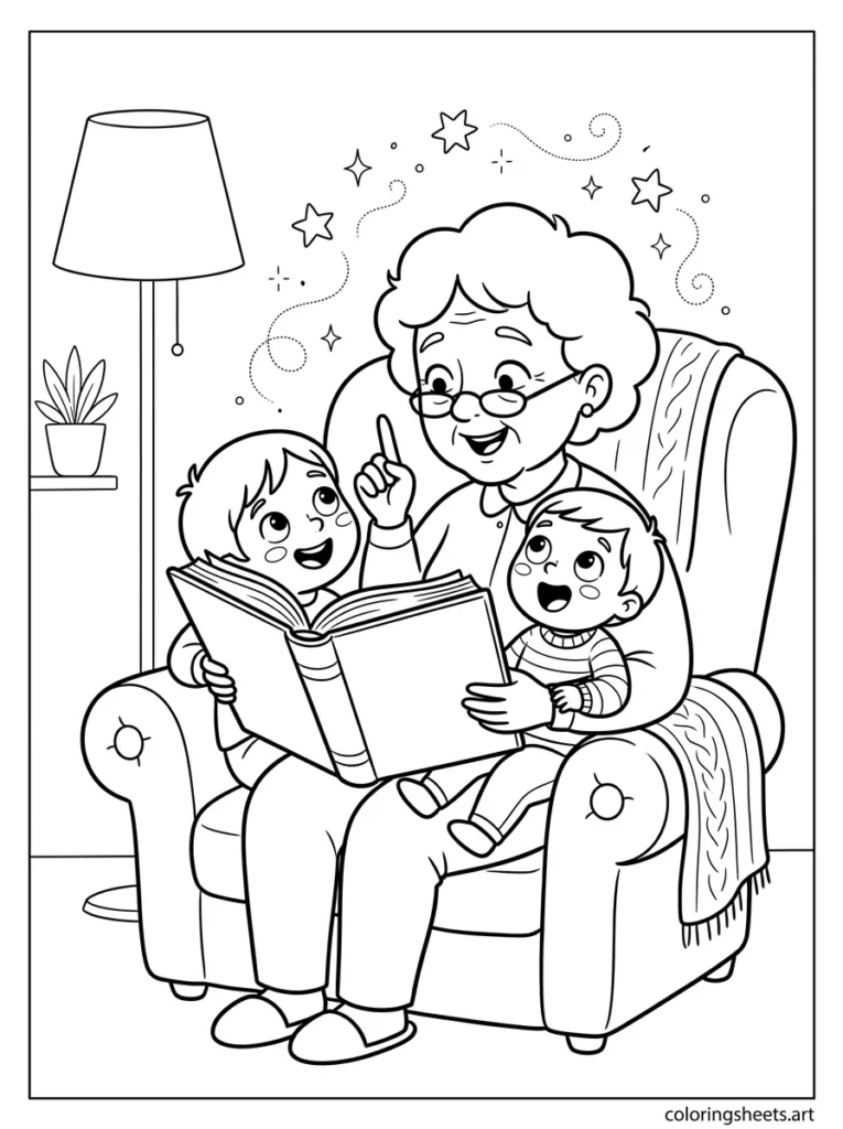 Grandma reading storytime to grandkids nestled on her lap coloring page for Mother's Day