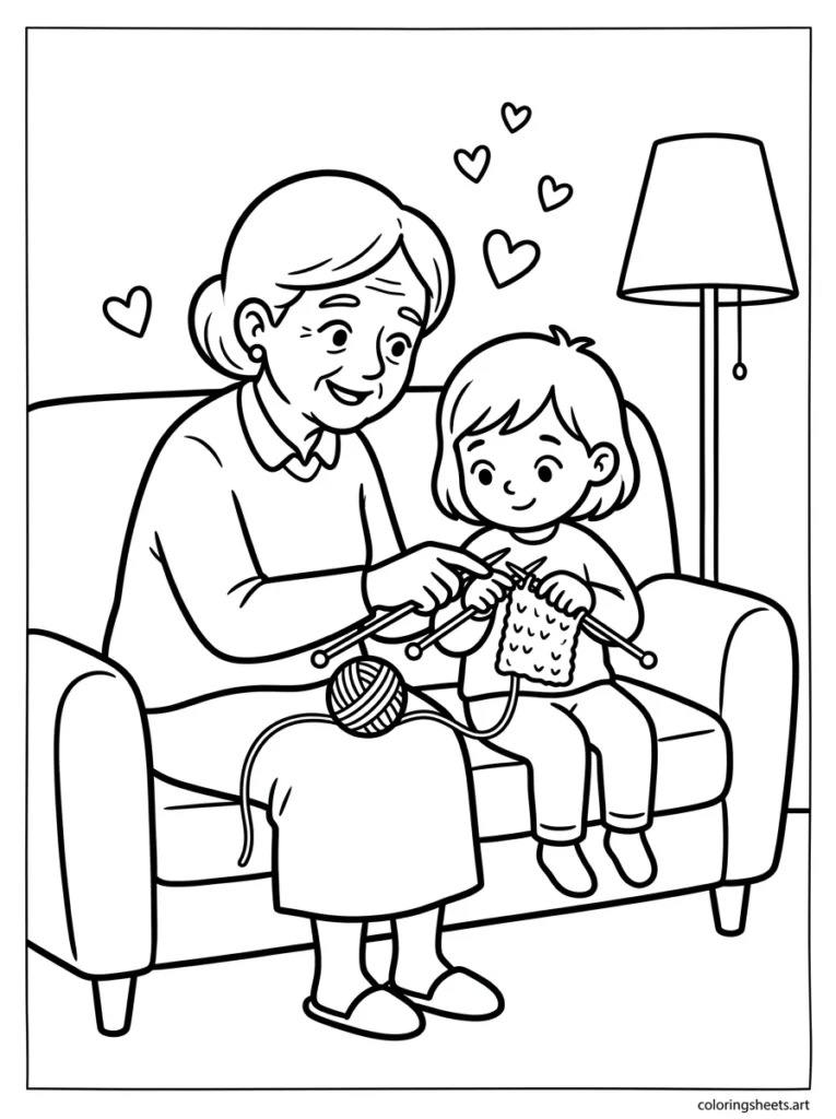 Grandma teaching her grandchild to knit on the sofa coloring page for Mother's Day